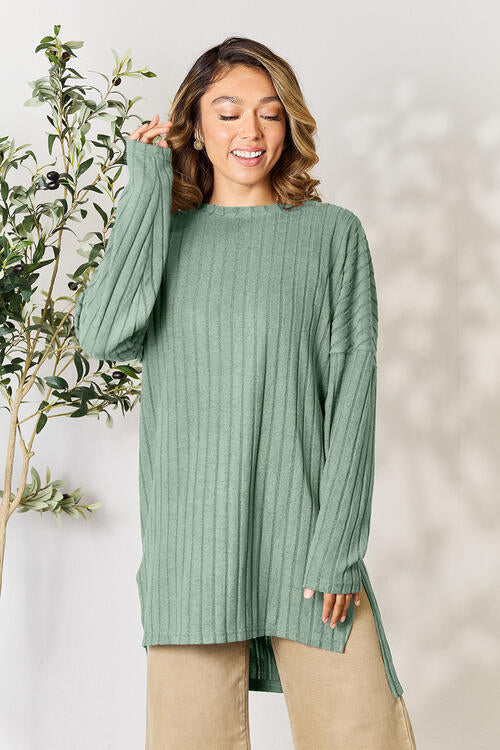 Basic Bae Full Size Ribbed Round Neck Long Sleeve Slit Top - Ladyez