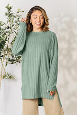 Basic Bae Full Size Ribbed Round Neck Long Sleeve Slit Top - Ladyez