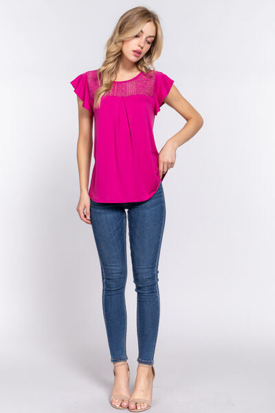 ACTIVE BASIC Ruffle Short Sleeve Lace Detail Knit Top - Ladyez