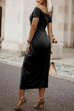 Off-Shoulder Short Sleeve Split Dress - Ladyez