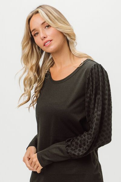 BiBi Round Neck Polka Dot Lantern Sleeve Top - Ladyez