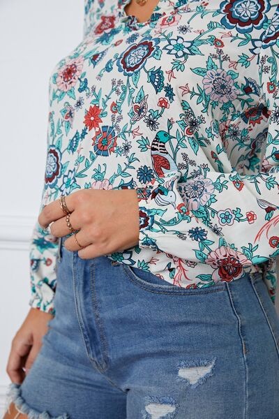 Floral Notched Long Sleeve Blouse - Ladyez