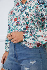 Floral Notched Long Sleeve Blouse - Ladyez