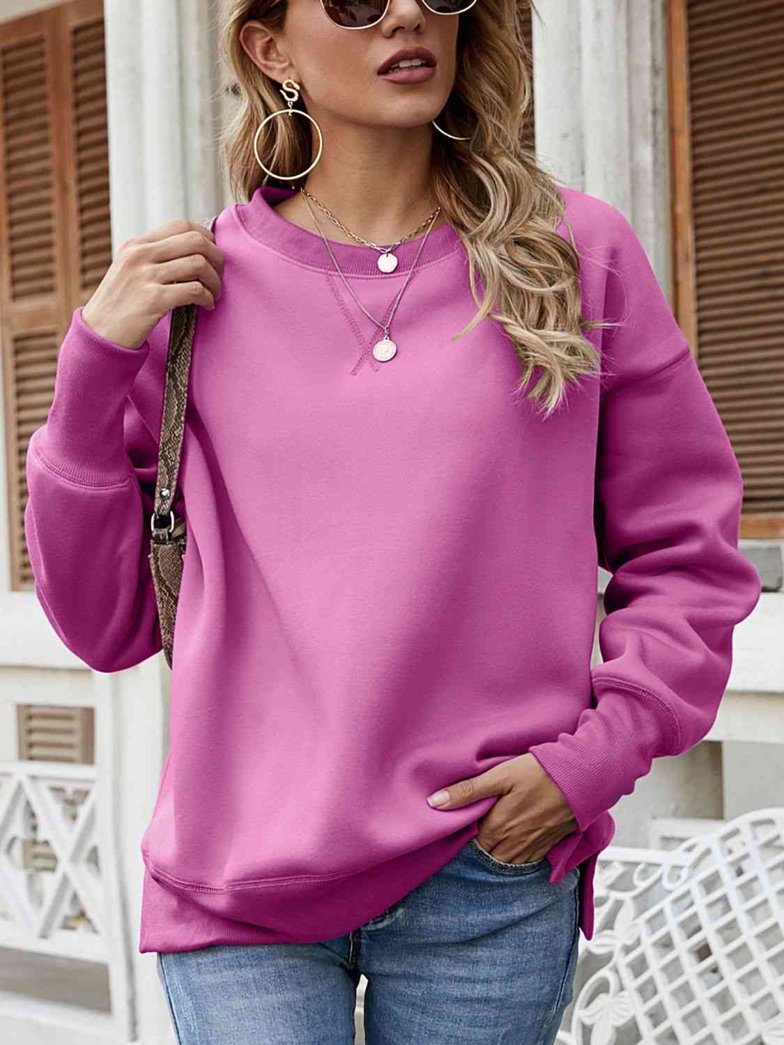 Dropped Shoulder Slit Sweatshirt - Ladyez