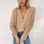 Button Up V-Neck Long Sleeve Cardigan - Ladyez