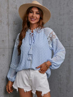 Crochet Tassel Tie Neck Long Sleeve Blouse - Ladyez