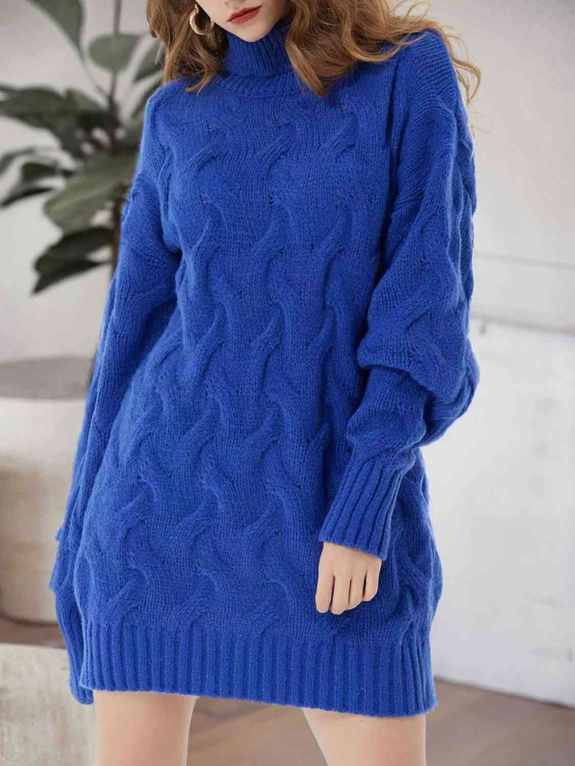 Cable-Knit Turtleneck Sweater Dress - Ladyez