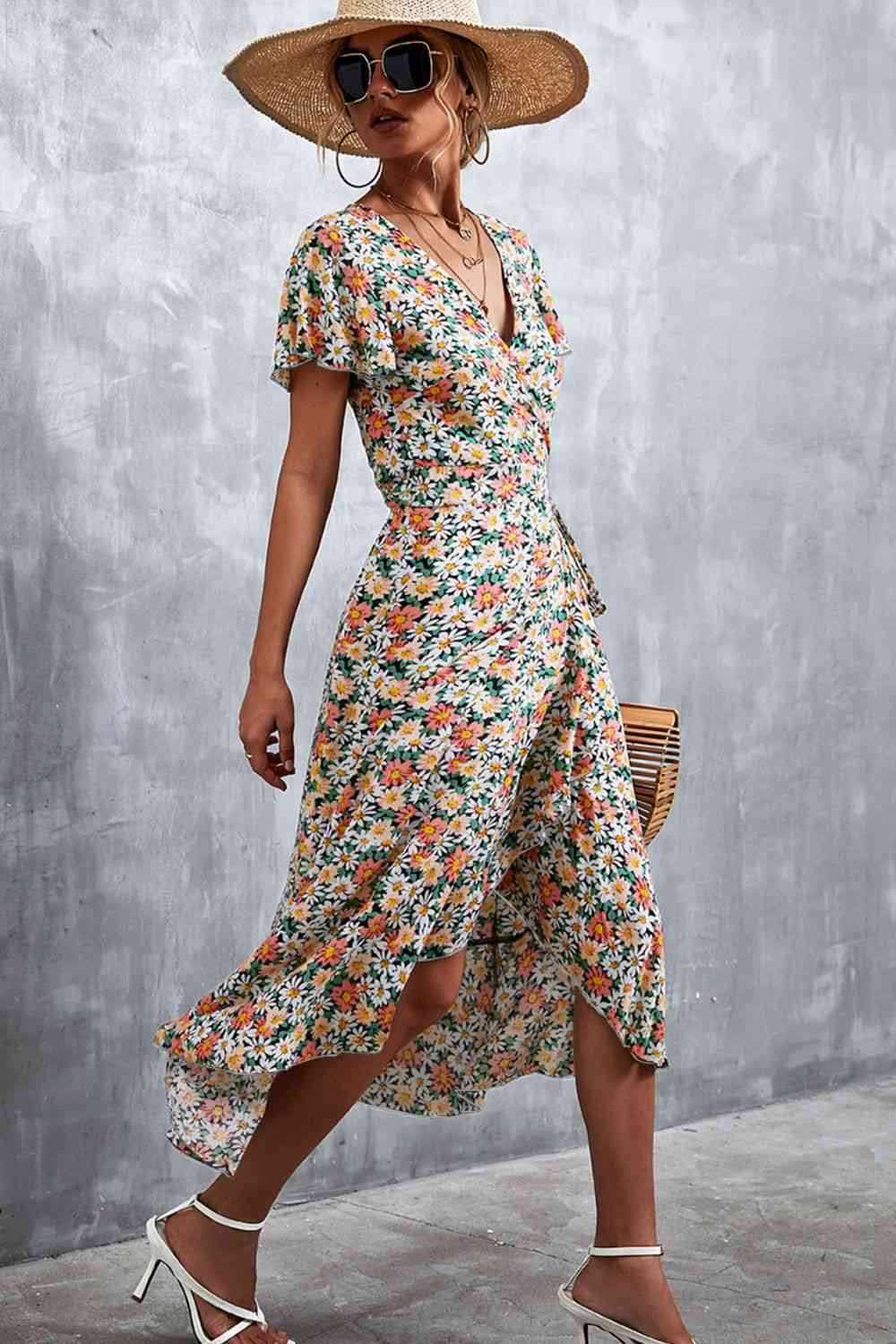 Floral Surplice Neck Tied Midi Dress - Ladyez