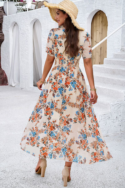 Smocked Floral V-Neck Short Sleeve Dress - Ladyez