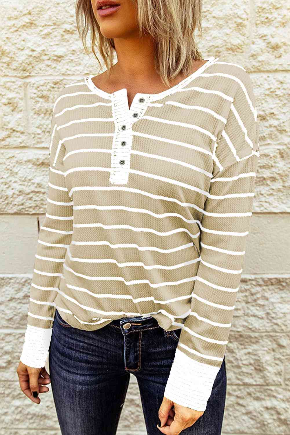 Striped Waffle Knit Henley Long Sleeve Top - Ladyez