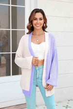 Open Front Contrast Color Balloon Sleeve Cardigan - Ladyez