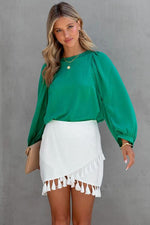 Round Neck Ruff Sleeve Blouse - Ladyez