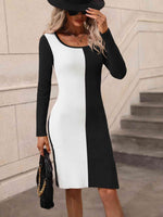 Woven Right Contrast Slit Sweater Dress - Ladyez