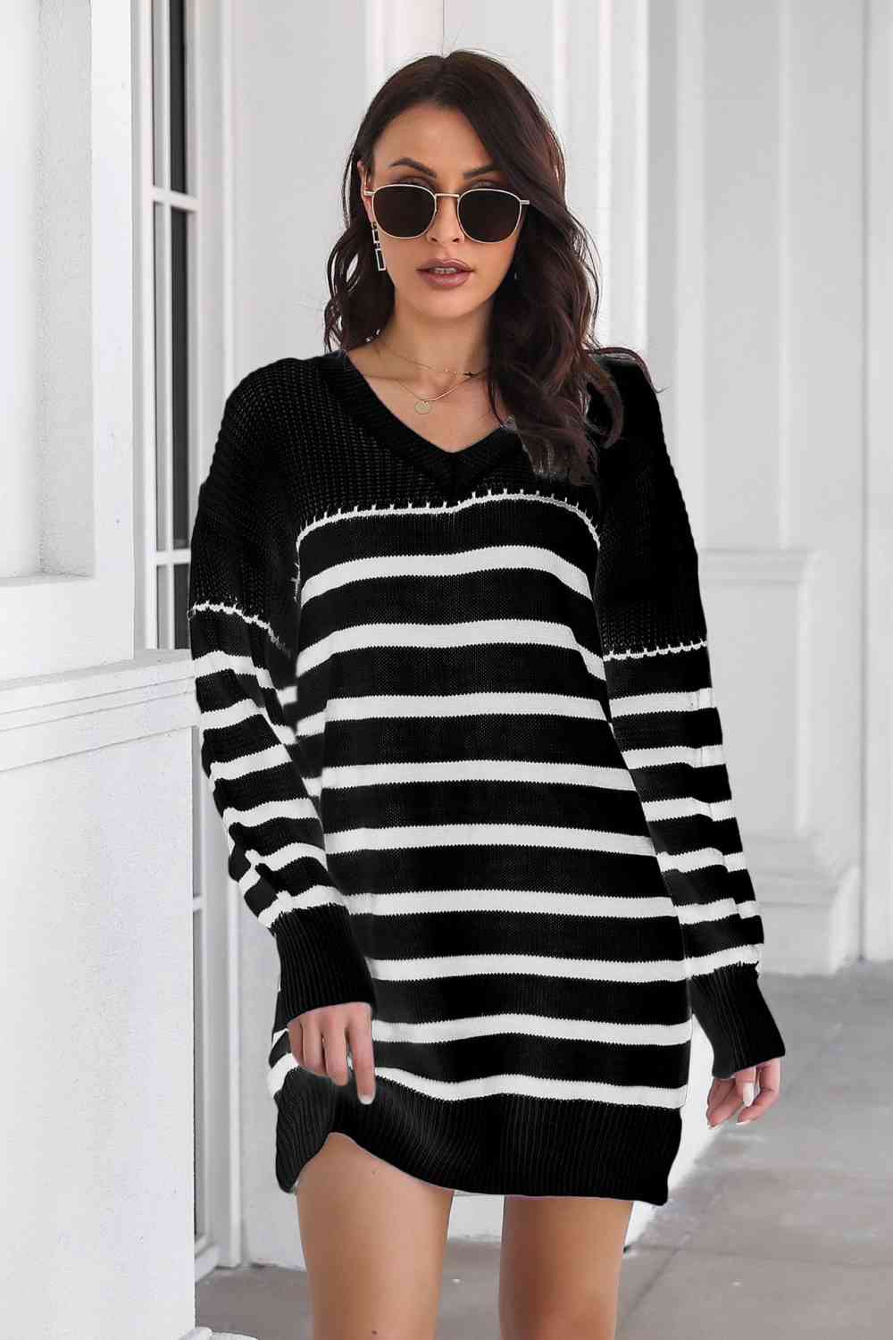 Striped V-Neck Drop Shulder Sweater Dress - Ladyez