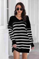 Striped V-Neck Drop Shulder Sweater Dress - Ladyez