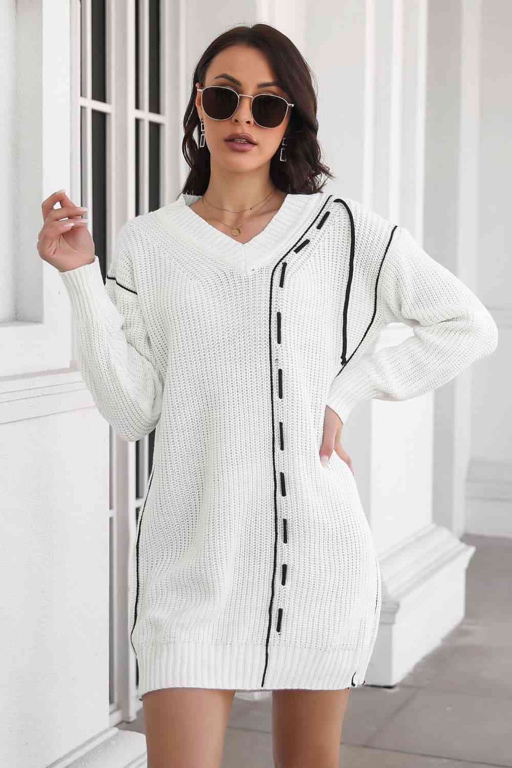 Contrast V-Neck Sweater Dress - Ladyez