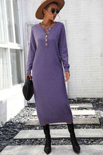 Notched Neck Dropped Shoulder Button-Down Midi Dress - Ladyez