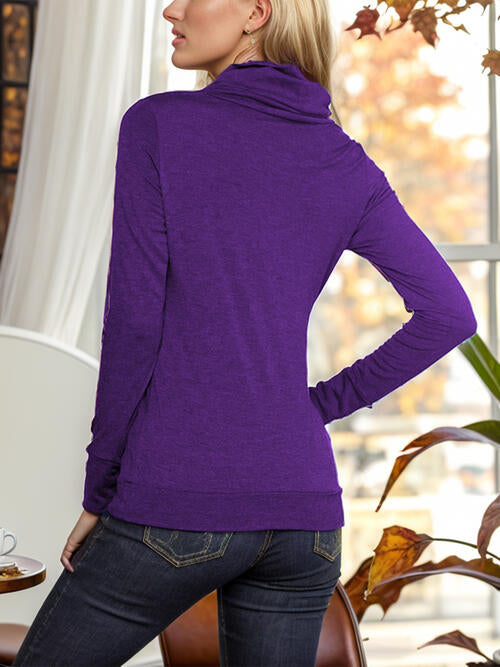 Buttoned Mock Neck Long Sleeve Blouse - Ladyez