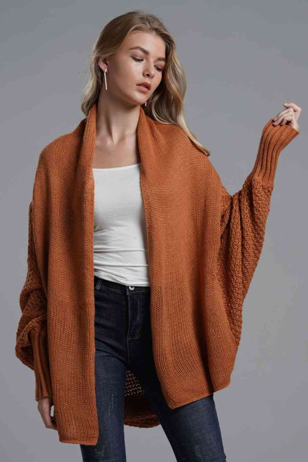 Double Take Dolman Sleeve Open Front Ribbed Trim Longline Cardigan - Ladyez