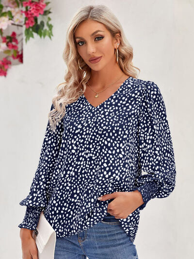 Printed V-Neck Lantern Sleeve Blouse - Ladyez