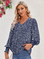 Printed V-Neck Lantern Sleeve Blouse - Ladyez