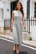 Round Neck Tie Belt Slit Sleeveless Sweater Dress - Ladyez