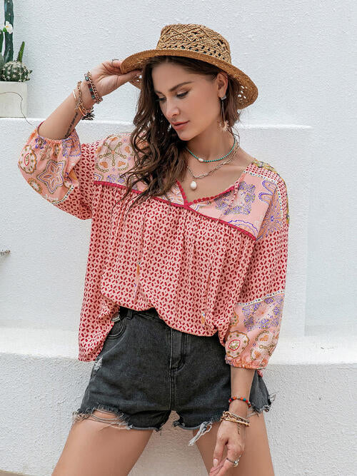 Plus Size Printed Tie Neck Balloon Sleeve Blouse - Ladyez