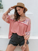 Plus Size Printed Tie Neck Balloon Sleeve Blouse - Ladyez