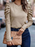 Round Neck Puff Sleeve Sleeve Blouse - Ladyez
