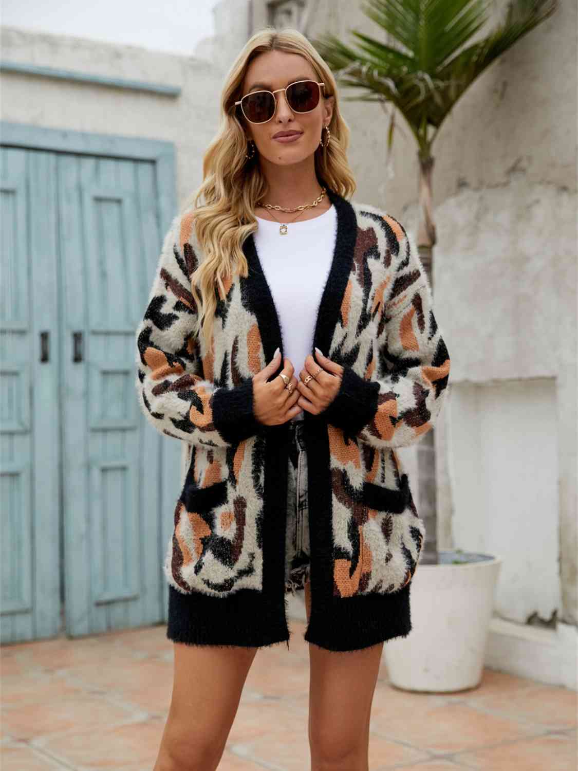 Open Front Fuzzy Cardigan with Pockets - Ladyez