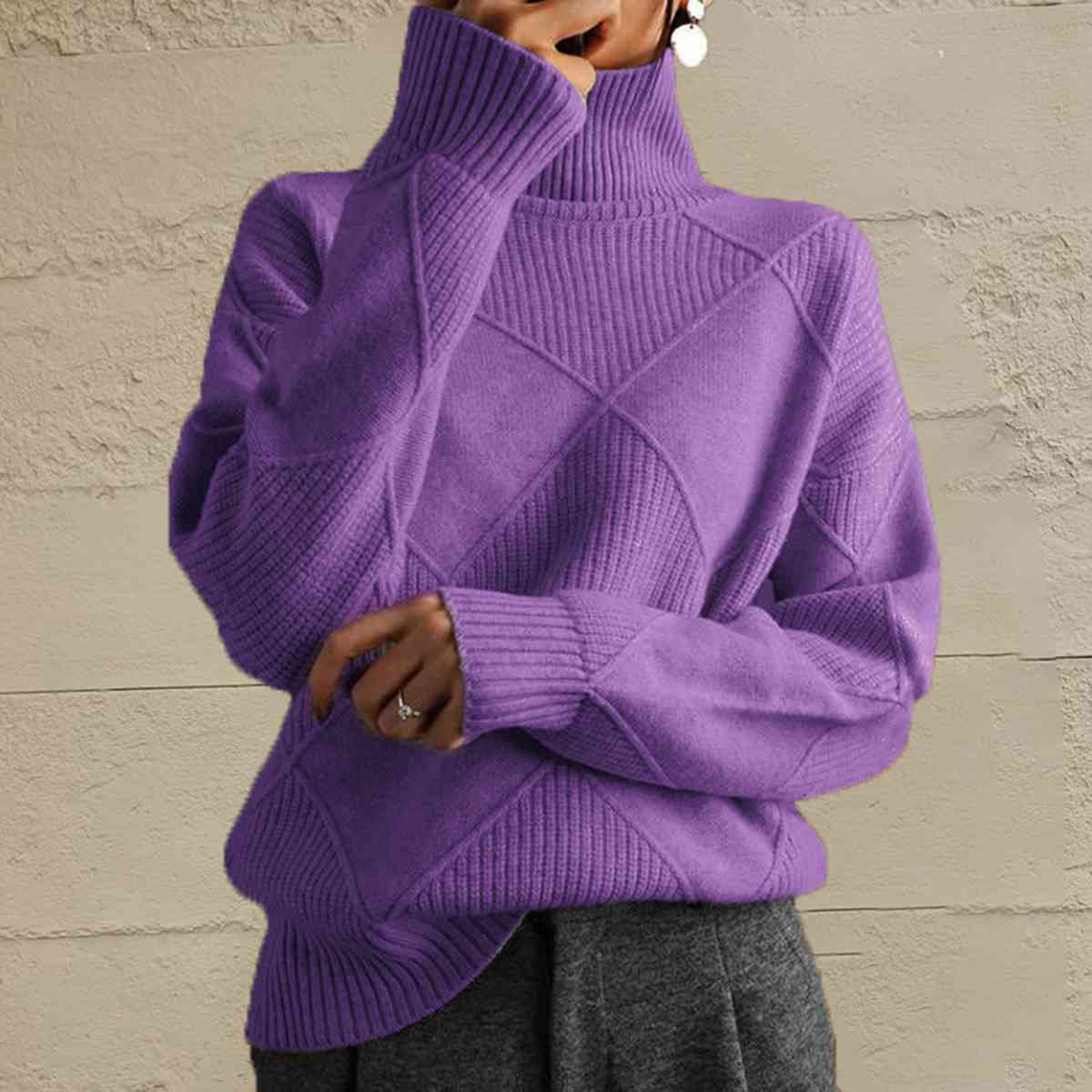Geometric Turtleneck Long Sleeve Sweater - Ladyez