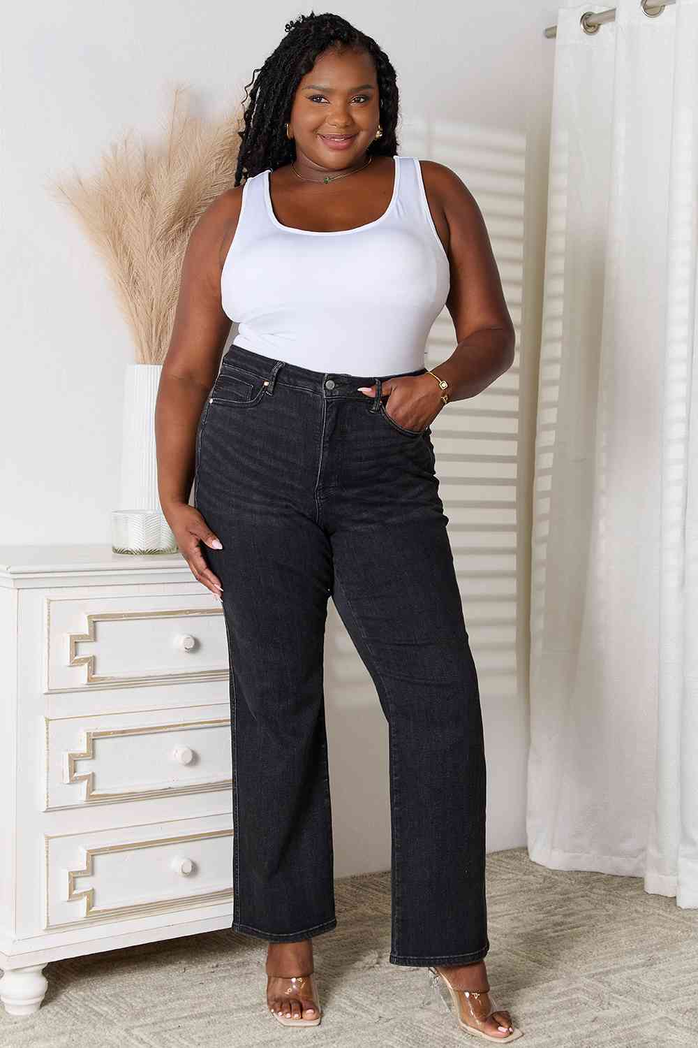 Judy Blue Tummy Control Washed Black Straight - Ladyez