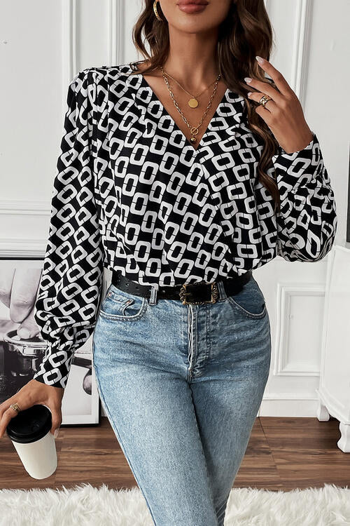 Geometric V-Neck Long Sleeve Blouse - Ladyez