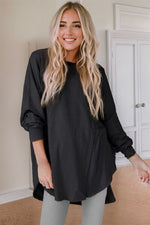 Contrast Texture Round Neck Long Sleeve Blouse - Ladyez
