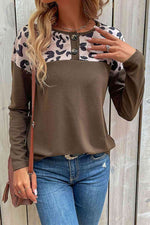 Leopard Buttoned Round Neck Drop Shoulder Top - Ladyez