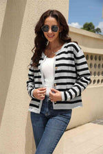 Striped Round Neck Button-Down Dropped Shoulder Cardigan - Ladyez