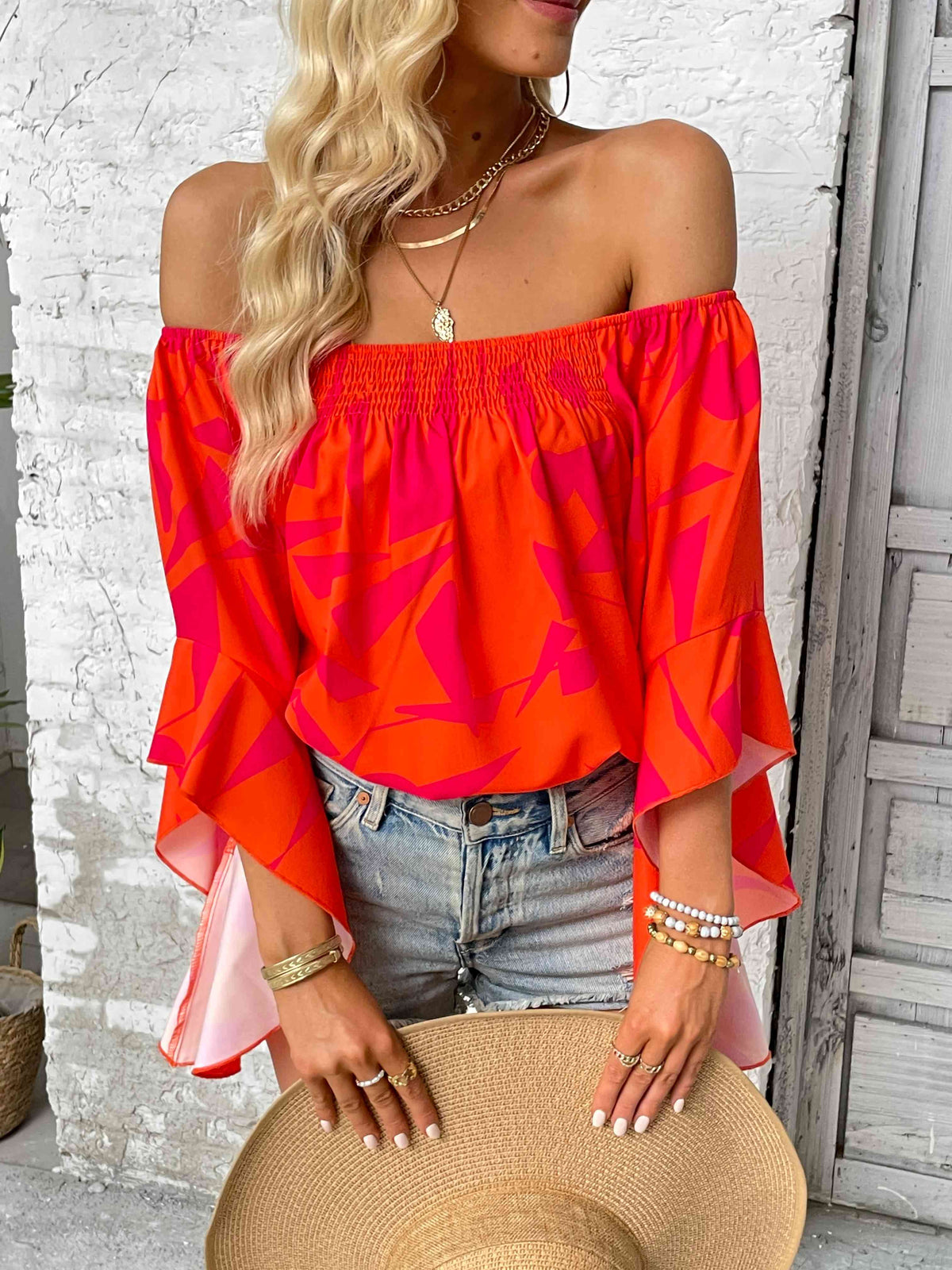 Printed Off-Shoulder Bell Sleeve Blouse - Ladyez