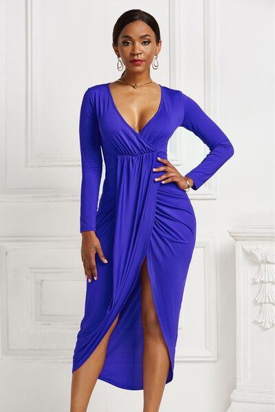 High-low Ruched Surplice Long Sleeve Dress - Ladyez