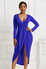 High-low Ruched Surplice Long Sleeve Dress - Ladyez