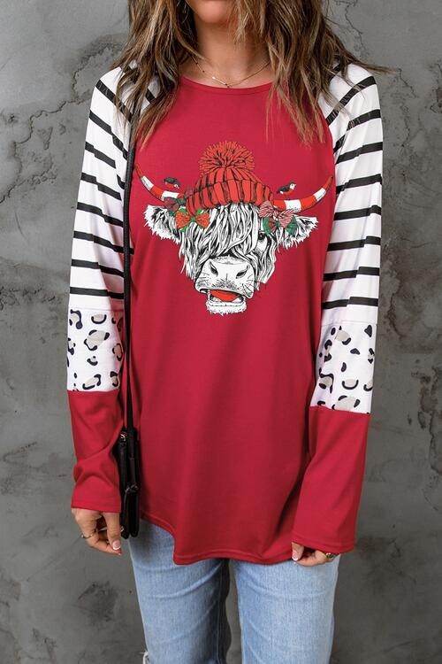 Bull Graphic Striped Long Sleeve T-Shirt - Ladyez