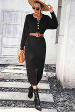 Notched Neck Dropped Shoulder Button-Down Midi Dress - Ladyez