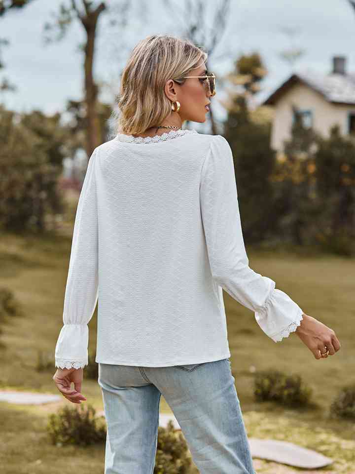 V-Neck Flounce Sleeve Blouse - Ladyez