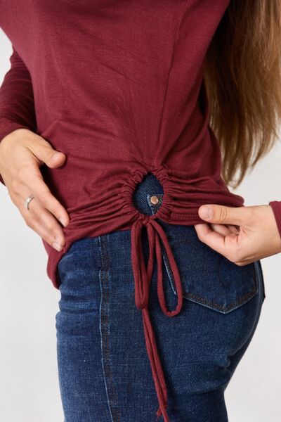 Culture Code Full Size Drawstring Round Neck Long Sleeve Top - Ladyez