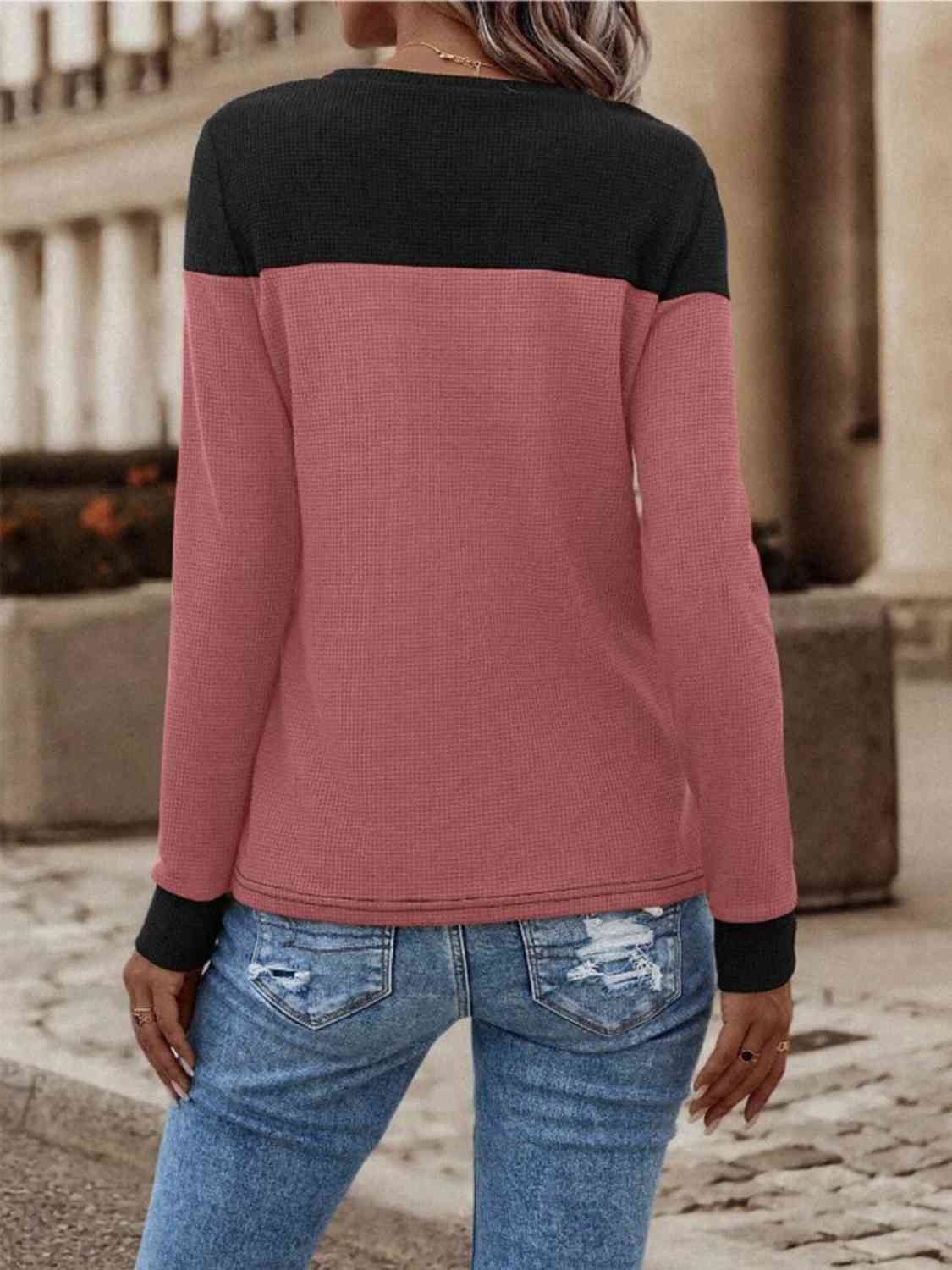 Contrast Buttoned Round Neck Long Sleeve T-Shirt - Ladyez
