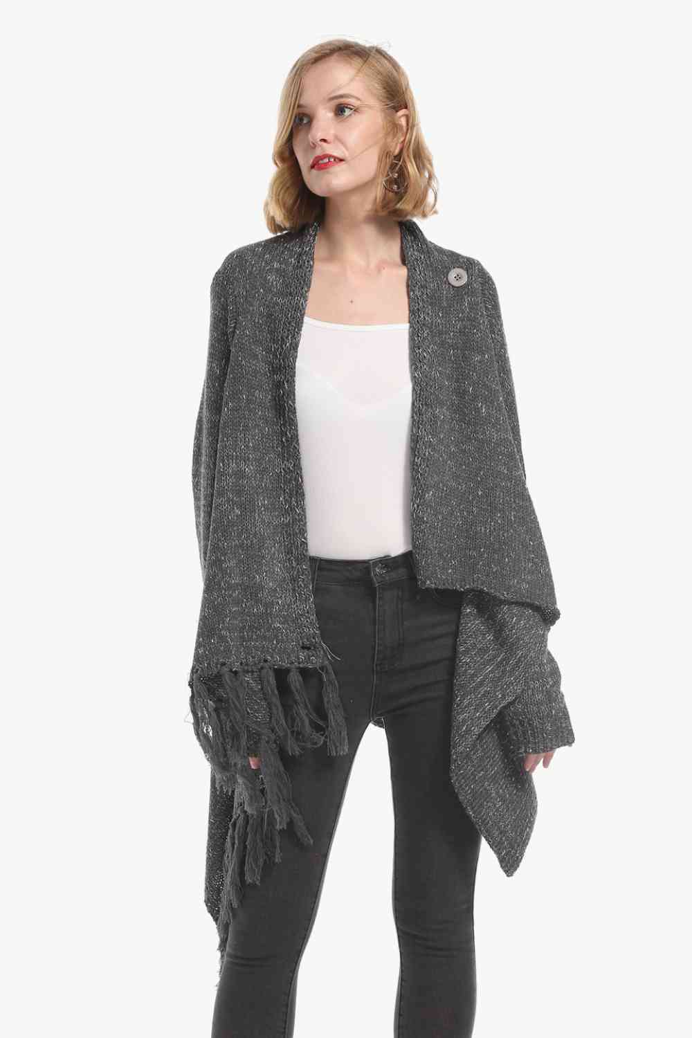 One-Button Tassel Tie Asymmetrical Hem Cardigan - Ladyez