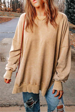 Dropped Shoulder Round Neck Long Sleeve Blouse - Ladyez