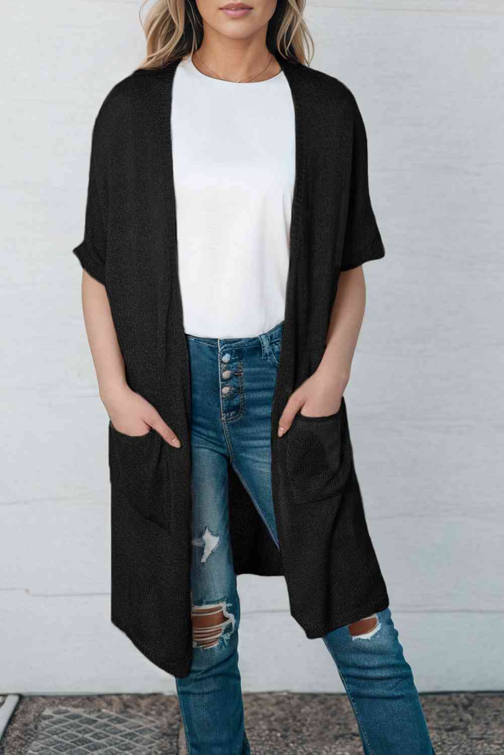 Open Front Sweater Cardigan with Pockets - Ladyez