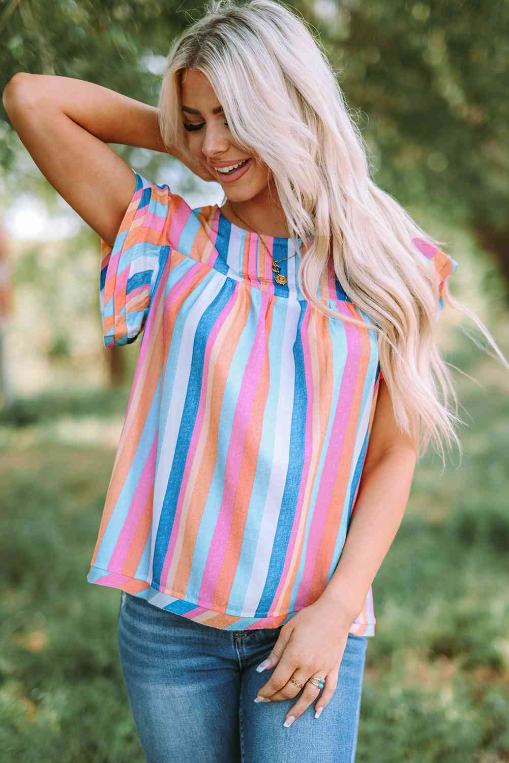 Multicolored Stripe Flutter Sleeve Blouse - Ladyez