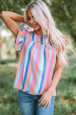 Multicolored Stripe Flutter Sleeve Blouse - Ladyez