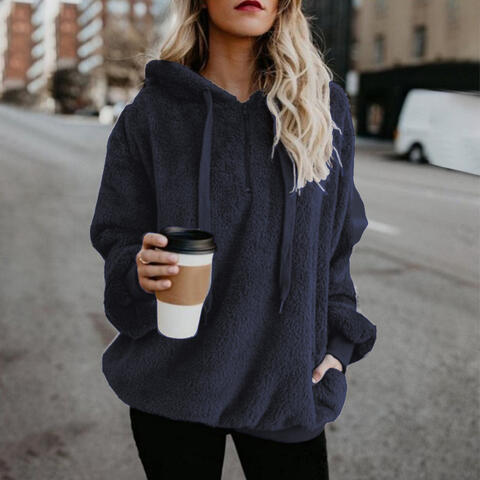 Quarter-Zip Drawstring Teddy Hoodie - Ladyez